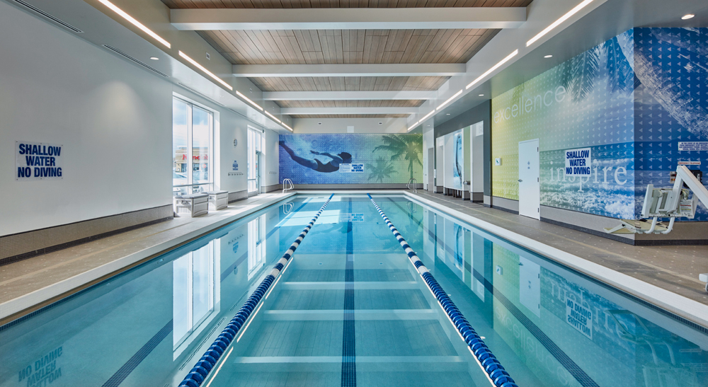 Indoor lap pool at LA Fitness in Mississauga, Ontario